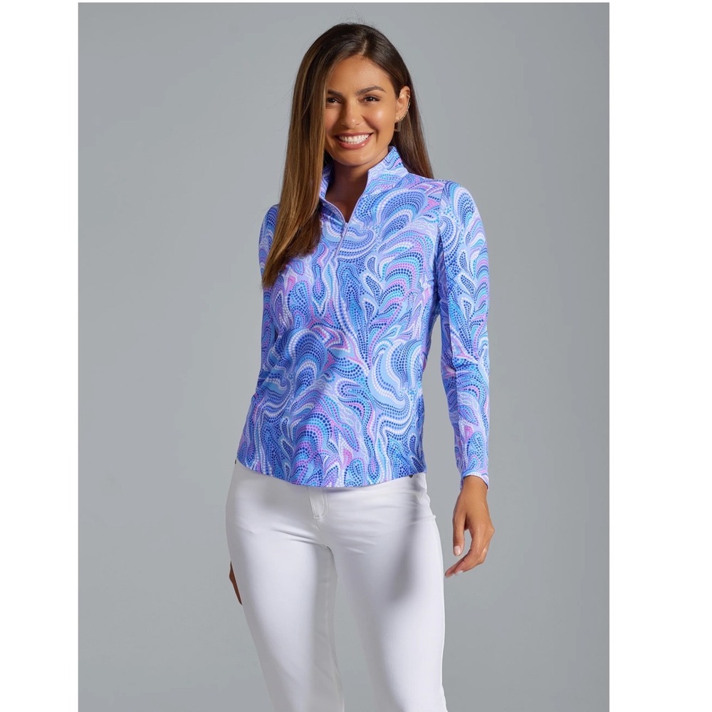 IBKUL Rebecca Print Long Sleeve Mock Neck Top Womens XL Blue Purple Swirl UPF 50
